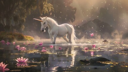 Canvas Print - Magical Unicorn in a Misty Forest Lake