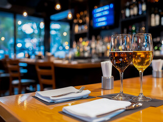 bar counter with chairs in empty comfortable restaurant at night