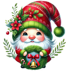 Wall Mural - Festive Gnome Holding Christmas Wreath Clipart