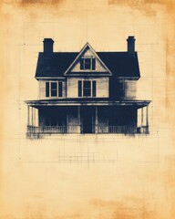 A vintage architectural illustration of a house with detailed design elements.