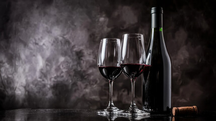 bottle of wine with two glasses filled with red wine against dark background creates elegant and inviting atmosphere. Perfect for romantic evening or celebration