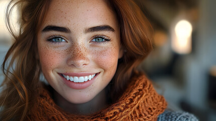 Sticker - Young woman with freckles smiling warmly indoors