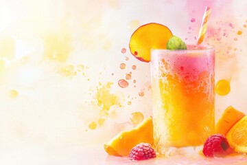 Wall Mural - Vibrant Tropical Fruit Juice Splash on Watercolor Background