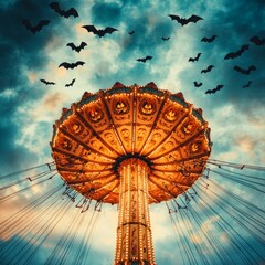 A whimsical amusement ride adorned with lights and surrounded by bats in a dramatic sky.