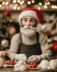 A whimsical figure resembling Santa prepares festive decorations.