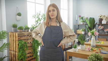 A confident young woman wearing an apron stands in a brightly lit, plant-filled florist workshop