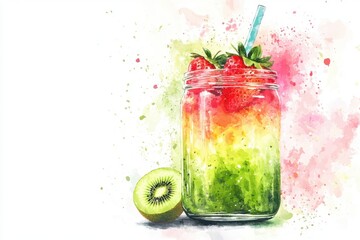 Wall Mural - Freshly Squeezed Strawberry Kiwi Juice in Glass Jar with Vibrant Pink and Green Watercolor Splashes on White Background