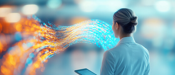 Aufkleber - Innovative young woman in white coat holding tablet, observing digital data streams. vibrant blue and orange light trails symbolize technology and progress