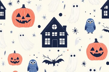 A whimsical Halloween-themed pattern featuring pumpkins, ghosts, owls, and a house.