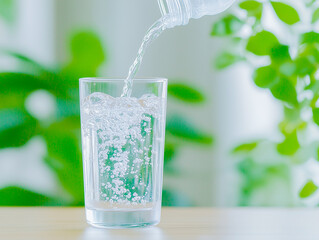 Wall Mural - Close up the pouring purified fresh drink water from the bottle on table in living room