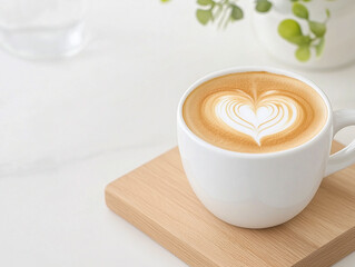 Close up white coffee cup with heart shape latte art on wood tab