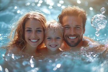 Family enjoying a joyful day swimming together in a sunny pool surrounded by shimmering water