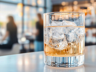 Cocktail close up in a bar setting. Blurred people in the background. Selective focus on the icy drink and glass 