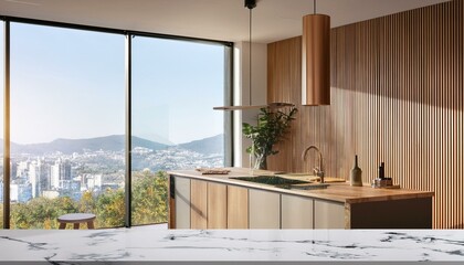 Sunny stylish kitchen with marble tabletop, city view from squared transparent wall and wooden decoration wall parts. 3D rendering.