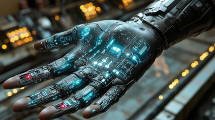 Poster - This detailed robotic hand with illuminated circuitry displays advanced technology in a modern setting. Prosthesis