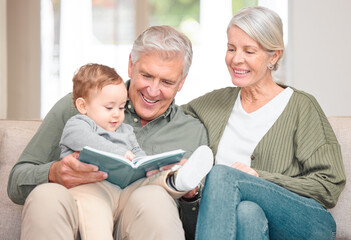 Poster - Grandparents, boy and storytelling on sofa in home for fun, bonding and care with fantasy. Pensioners, toddler and kid on learning with book reading for knowledge, information and child growth