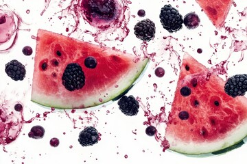 Wall Mural - Refreshing Watermelon and Blackberry Juice Art with Watercolor Accents on White Background