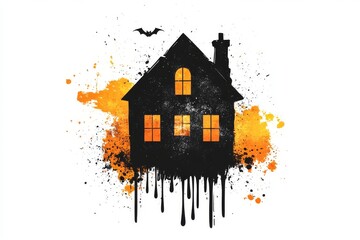 Vector Halloween banner featuring grunge and splatter effects with black paint drips shaped like a blank autumn leaf, alongside a spooky house silhouette on a white background.