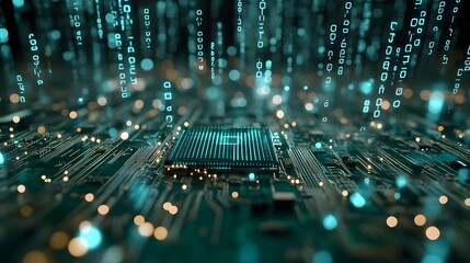 Fototapete - An abstract representation of a circuit board with glowing data streams, embodying digital technology and innovation in a futuristic setting.