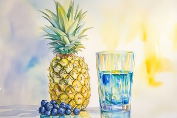 Wall Mural - Vibrant Watercolor Pineapple and Blueberry Juice in Glass with Yellow and Blue Accents