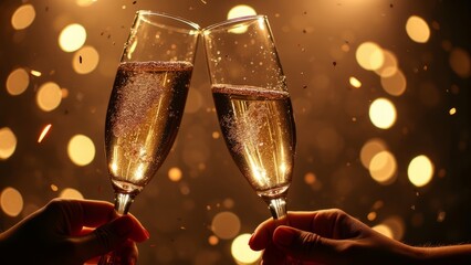 close-up of two champagne glasses clinking amidst sparkling lights, capturing a festive and celebrat