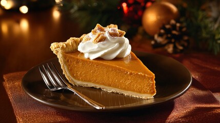 A delicious slice of pumpkin pie topped with whipped cream, set on a festive holiday table