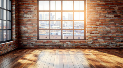 Poster - With wooden flooring and a contemporary brick wall design, this loft-style empty room features wooden flooring and a large window