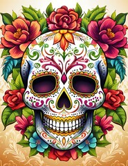 Wall Mural - Sugar Skull with Floral Wreath