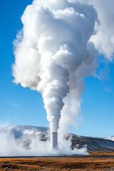 Steam rising from a geothermal power plant against a clear blue sky a showcase of nature and industry in harmony