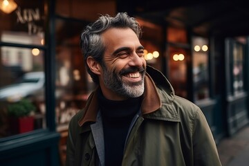 Portrait of a handsome middle-aged man with gray hair and beard in a green coat on a city street.