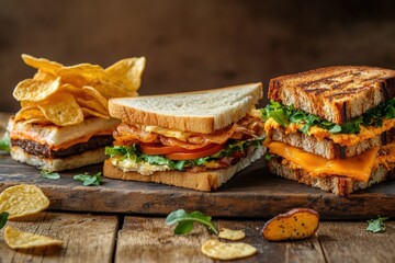 Aufkleber - Three tasty sandwiches with fresh ingredients sit next to a serving of crunchy potato chips, creating a satisfying snack experience. Generative AI