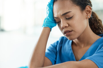 Canvas Print - Stress, woman and doctor with migraine at hospital for surgery mistake, medical crisis and depression. Tired, surgeon and anxiety with healthcare news, accident trauma and emergency risk for burnout