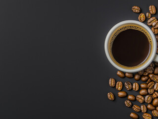 Cup of coffee on black background. Copy space. Top view 