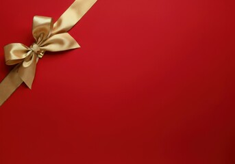 golden ribbon is forming a bow on a red background for a christmas gift