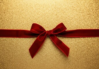 Wall Mural - Red velvet bow is lying on a golden background