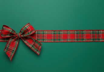 Wall Mural - Red tartan ribbon with a bow on green wrapping paper, creating a festive backdrop for holiday greetings or promotions