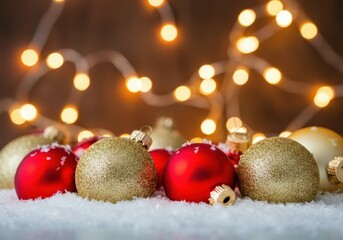 Wall Mural - red and gold christmas ornaments are nestled in snow with glowing twinkle lights in the background
