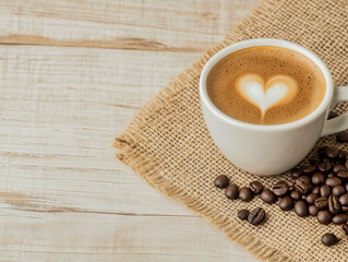 Cup of coffee with heart shape smoke and coffee beans on burlap sack on old wooden background