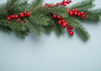 Wall Mural - christmas border made of fir branches and red berries on blue background with copy space