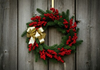 Wall Mural - christmas wreath with red berries and a golden ribbon is hanging on a rustic wooden door