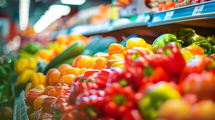 Vibrant array of fresh bell peppers in various colors fill produce shelves at local grocery store, showcasing healthy eating options and farm-to-table freshness.