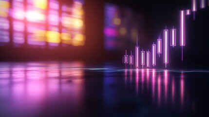 A vibrant, neon-lit stock chart reflects on a polished surface, illustrating financial trends and market movements in a digital ambiance.