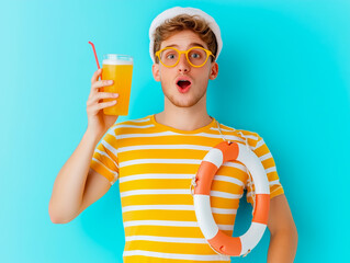 Embarrassed holiday maker drinks cold summer cocktail, spends free time at beach, wears swim cap sailor t shirt, swims with lifebuoy, has surprised expression, models over blue wall with free space