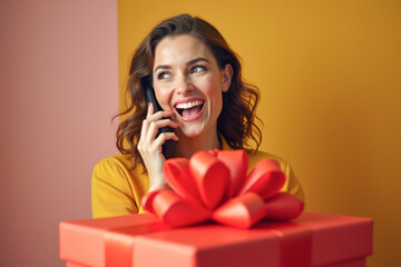 a woman is talking on the phone , happy , surprised , beautiful , a gift with a red bow