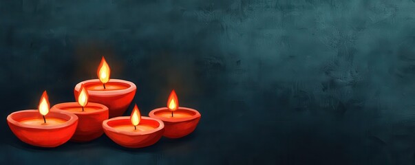 Five red candles with flickering flames placed on a textured dark background, creating a warm and tranquil ambiance.