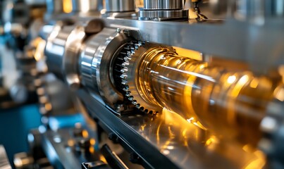 Fototapete - Close-up of a shiny metal machine with visible gears and a clear tube filled with a yellow liquid.