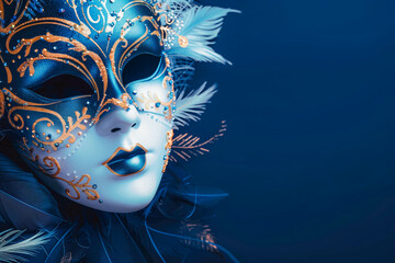 Photo of elegant and delicate Venetian mask over blue dark background