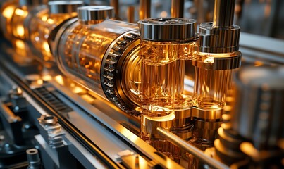 Fototapete - Close-up of a shiny, metallic conveyor belt with a glowing, clear glass tube in the center.