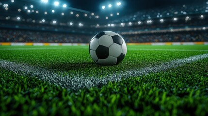 A soccer ball sits on a green field, ready for the game to begin. The stadium lights shine down, illuminating the stadium and the excited crowd.