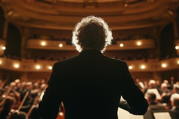 A conductor stands before an orchestra, ready to lead them in a musical performance. Shot from behind